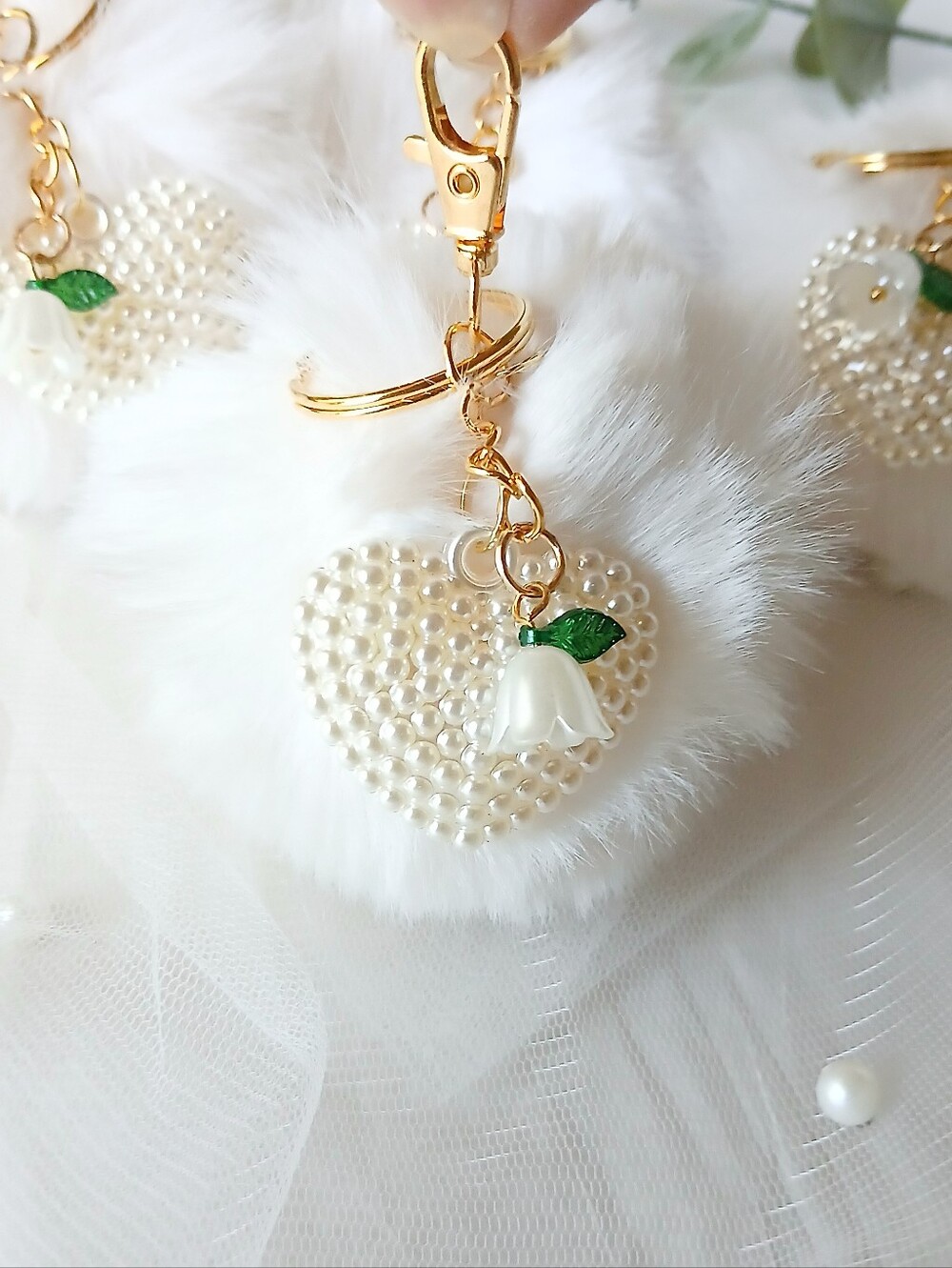 Pearl Heart Lily Of The Valley Pom Keychain White Pom Gold Hardware, Handmade